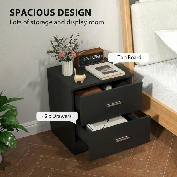 Black bedside cabinet with two drawers and open top storage shelf