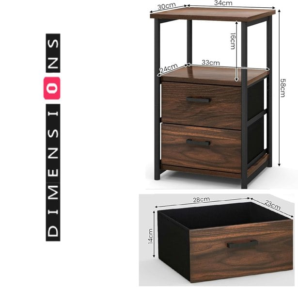 Modcraft Industrial Metal Frame Nightstand with Wooden Top and 2 Folding Drawers