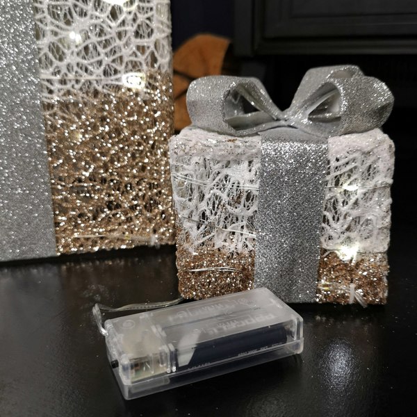 Samuel Alexander Set of 3 Battery Operated Gold Sparkly Christmas Gift Boxes with LEDs