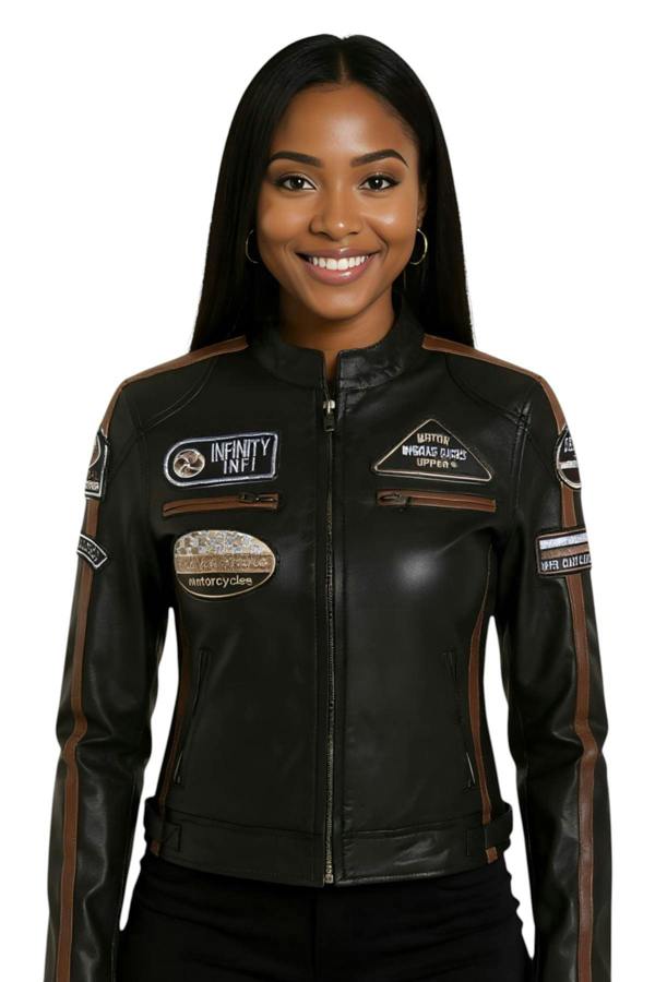 Infinity Leather Womens Leather Biker Racing Badges Jacket-Agadir