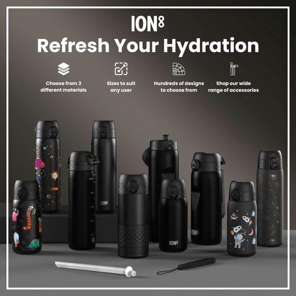 Several ION8 water bottles, in various sizes and designs, are displayed on a gray surface. They are primarily black, with some featuring space-themed graphics. The accompanying text advertises material choices, sizing options, design variety, and accessories.