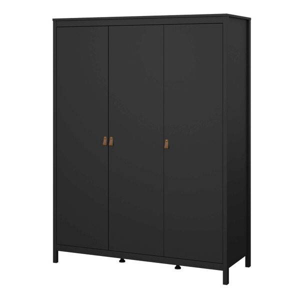Wyld Haus Wildberry Matt Black Wardrobe 3 Doors Leather Handles