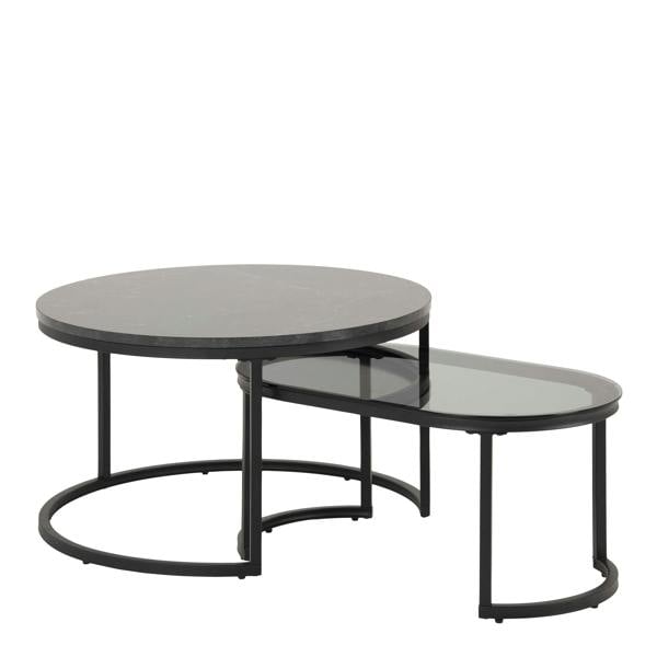 Wyld Haus Reykjavik Black Marble Effect and Glass Coffee Table Set Black Metal Legs