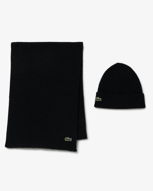 Lacoste Mens Beanie and Scarf Set - Black 031