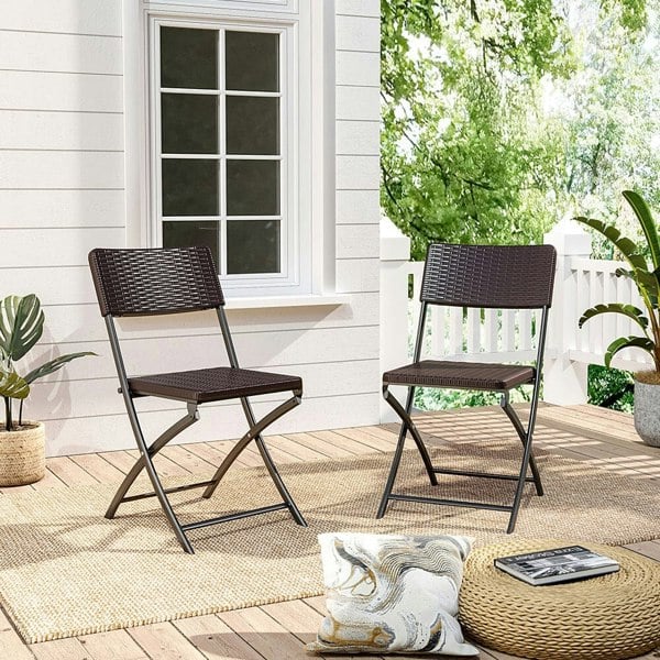 Set of 2 Outdoor Rattan Plastic Folding Chairs for Parties Events and More Garden Dining Sets Living and Home Brown