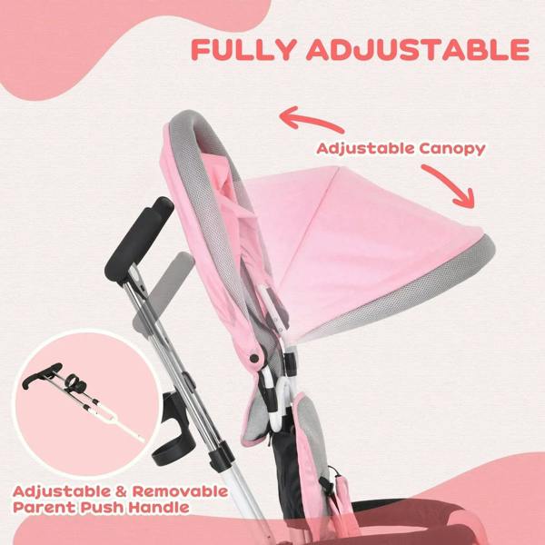Pink adjustable canopy on kids push trike, close-up view