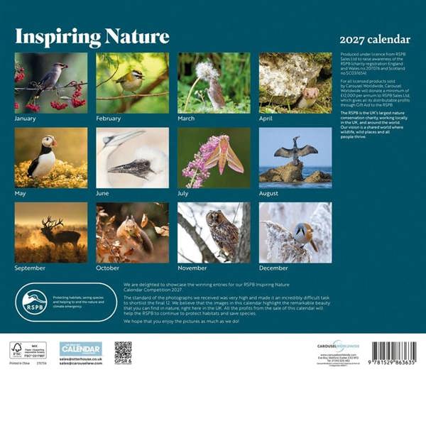 RSPB, Inspiring Nature Calendar 2027, Wall Calendars, Month To View, Animals, Gift