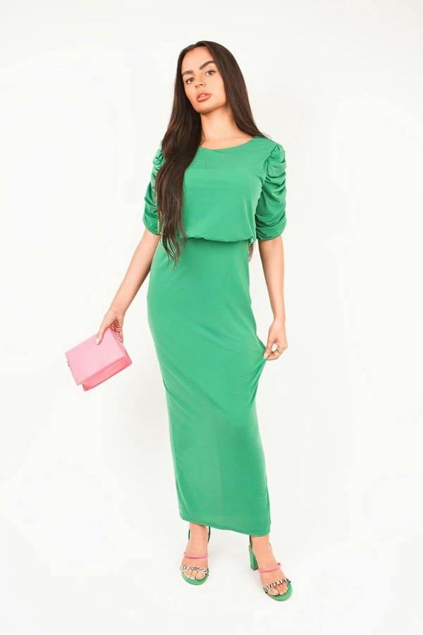 Elvira Ruched Short Sleeve Maxi Dress With Draped Bodice - Green