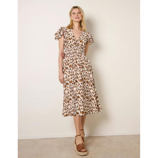 Blue Vanilla Printed V Neck Frill Sleeve Midi Dress