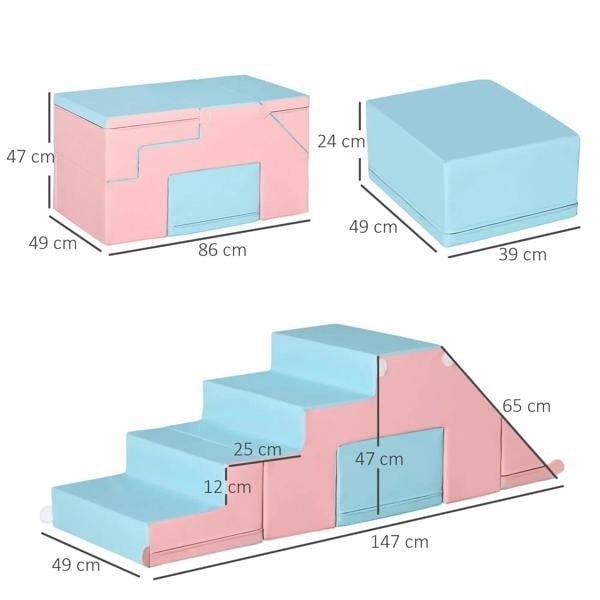 Pink and blue foam climber set with stairs and slide, shown with dimensions