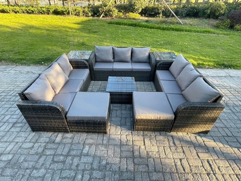 Fimous Rattan Outdoor Furniture Set Patio Garden Sofa Set with Square Coffee Table 2 Big Footstool 2 Side Tables Dark Grey Mixed