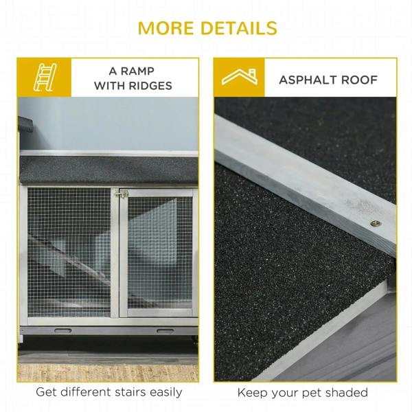 Grey hutch detail: ridged ramp surface and black asphalt-style roof for pet shade