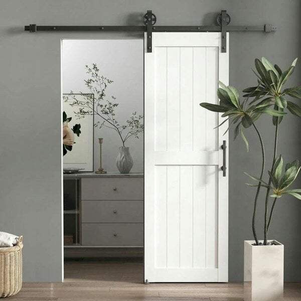 152.4cm Sliding Barn Door Kit, Sliding Door with Track, Hardware, Upgraded Rollers and Floor Guide, Handle, White - White
