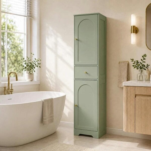 Tall Bathroom Cabinet with Arched Doors - Light Green - Green