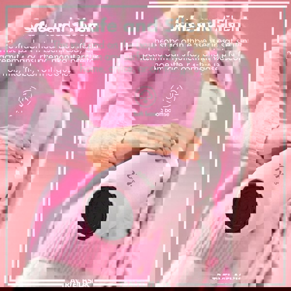 A person holds a pink travel flask with "ION8" branding against a pink background. Text reads: "Safe and Silent. The soft pad on the base ensures safe, silent placement on any surface, making it perfect for home, office, or on-the-go use. Soft base. TRAVEL FLASK."