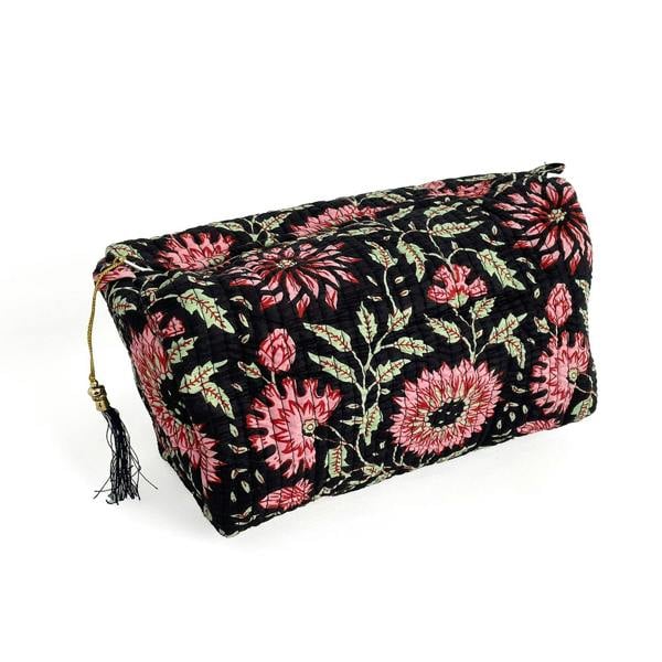 Hayley & Co Black and Pink Floral Block Print Cotton Washbag, Make Up Bag, Pencil Case with Waterproof Lining - Pink Sunflower Print