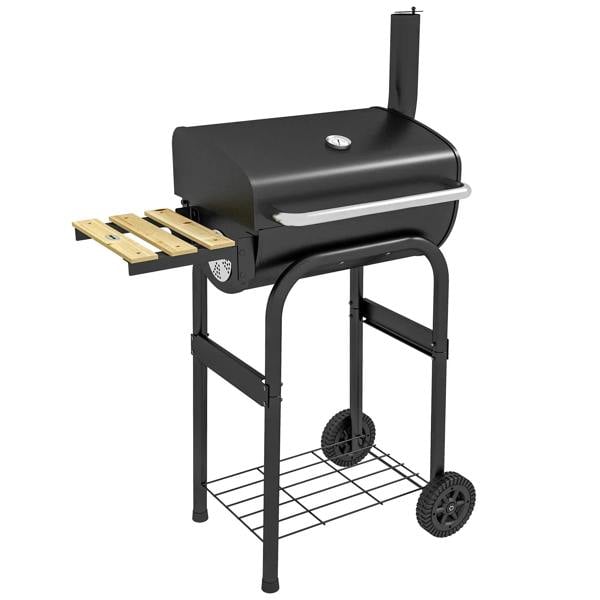 Black charcoal BBQ grill with lid thermometer and side shelf