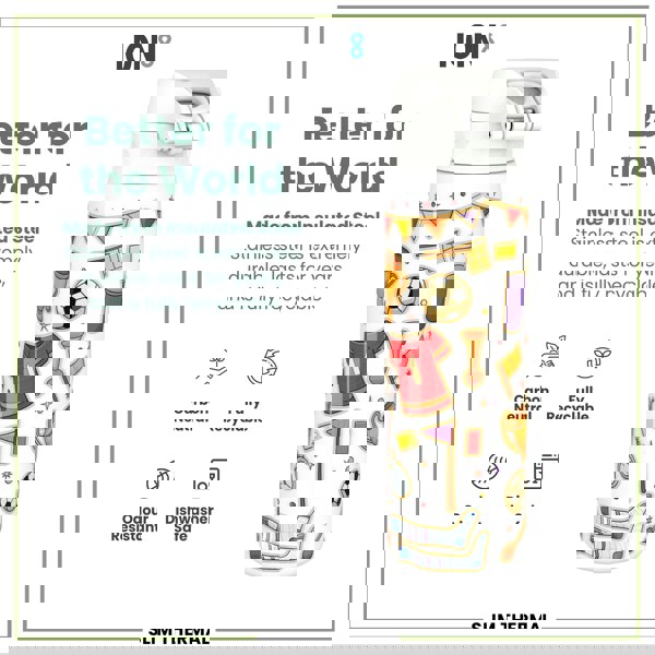 A white insulated steel water bottle, featuring a soccer-themed design, sits against a white background; it is described as carbon neutral, fully recyclable, odour resistant, and dishwasher safe.