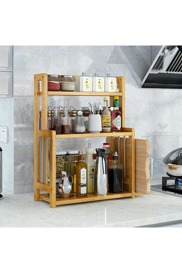 Living and Home 3-Tier Freestanding Bamboo Spice Rack Storage Organizer Kitchenware Drainer with Knife Holder for Kitchen