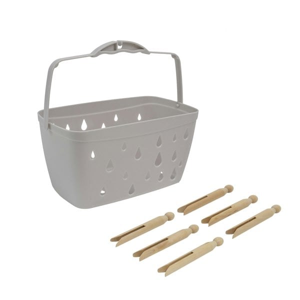 JVL Plastic Peg Basket, Grey with 48 Wooden Dolly Pegs, Brown