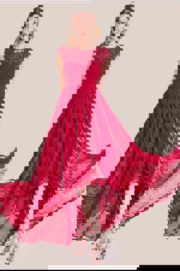 Crochet & Pleated Top High Low Maxi - Burgundy DR3820