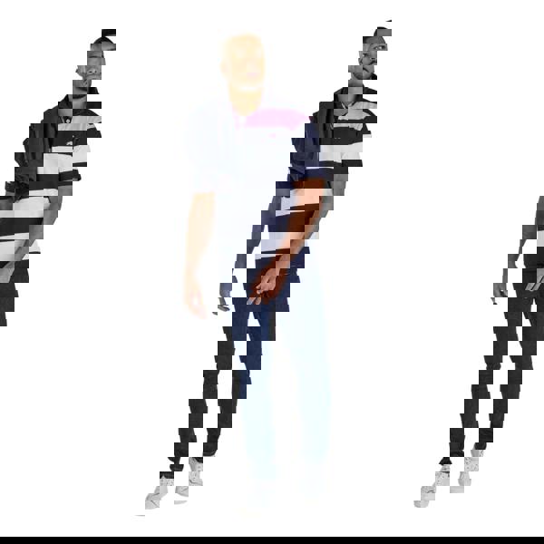 Raging Bull Mens Irregular Stripe Jersey Rugby Polo Shirt - Navy/White/Pink - 