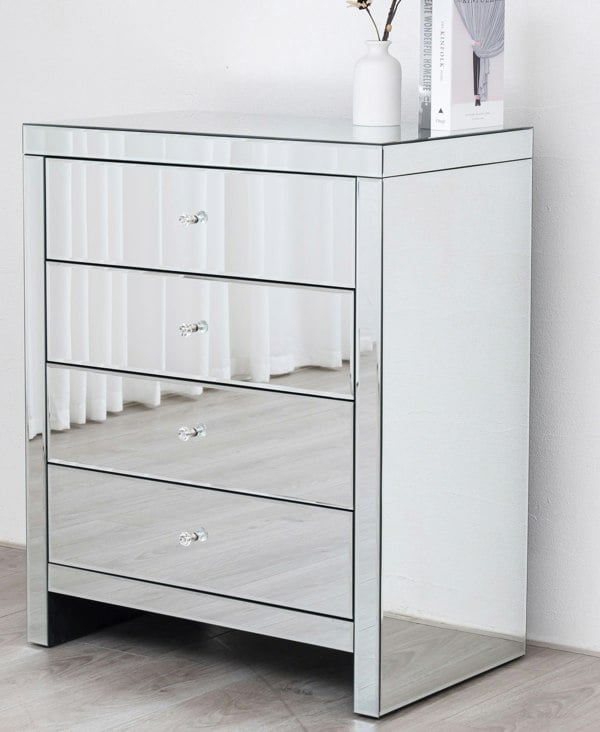 Comfy Living Mirrored 4 Drawer Chest Crystal Handles Bedroom Furniture