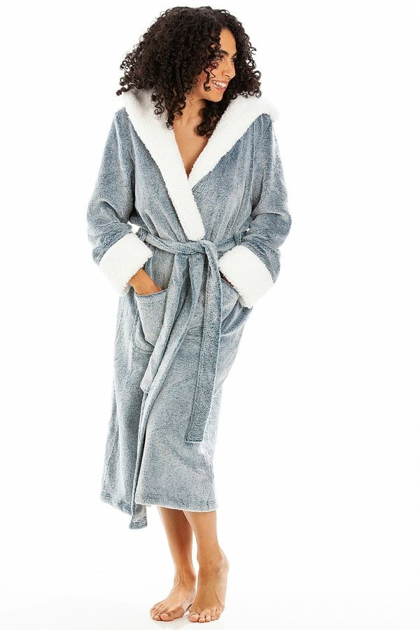 Camille Womens Jade Deep Pile Full Length Fleece Bathrobe with Sherpa Lined Hood & Cuffs