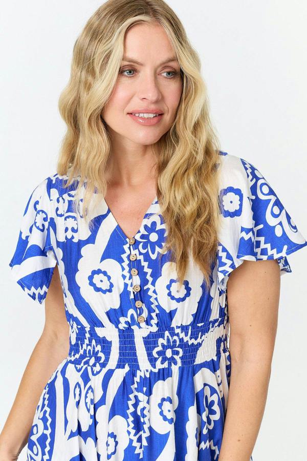 Blue | Printed Knee Length Angel Sleeve Dress