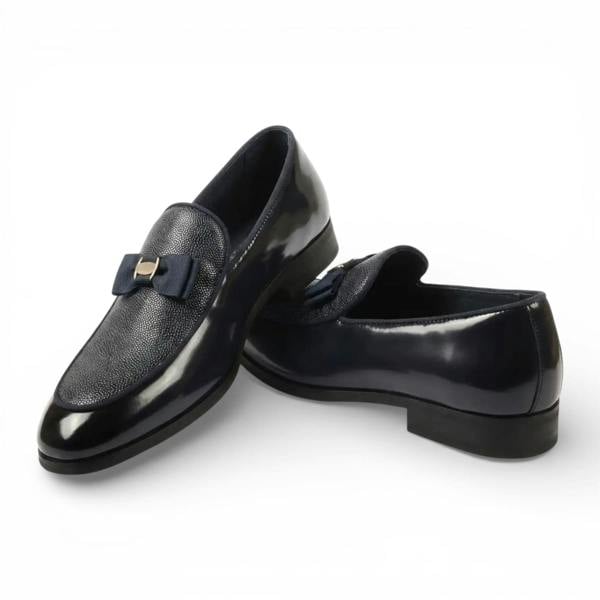 Dolcetto Mens Navy Blue Textured Front Iconic Buckle Bow Loafers Shoes