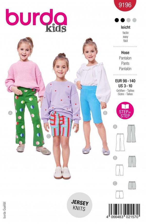 Burda Sewing Pattern 9196 Trousers and Shorts For Kids, 3 to 10 Years - Easy