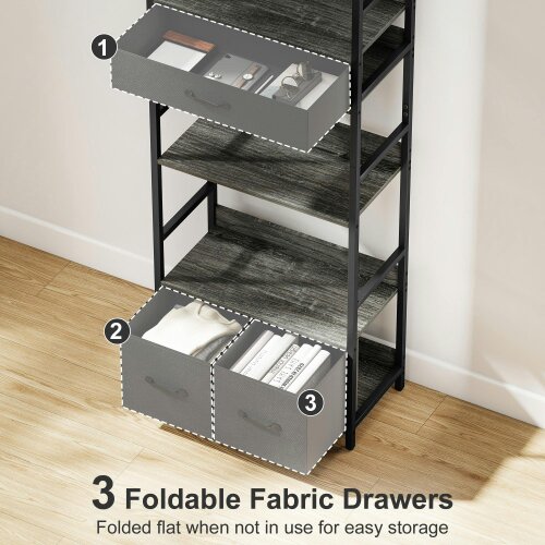 Wyld Haus Laro Metal And Wood Grey And Black Industrial Bookcase With 4 Shelves And Fabric Drawers