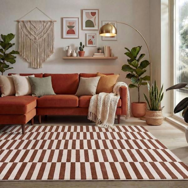 Cozy living room with a red sectional sofa, striped rug, and decorative plants.