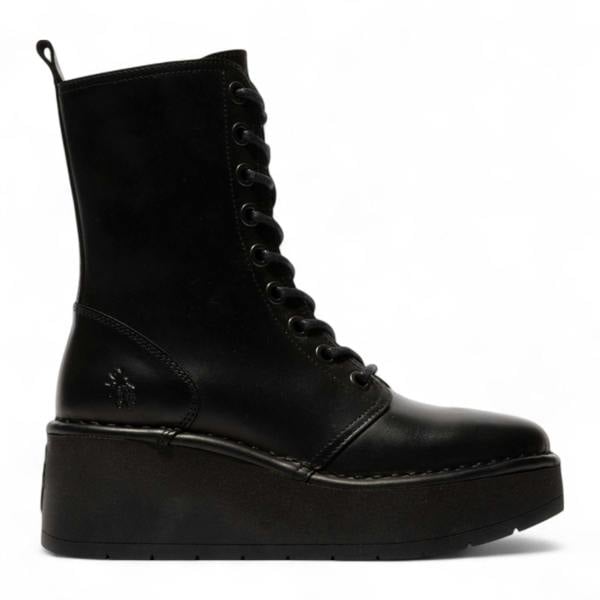 Fly London Womens Black HAIT273 Leather Lace-up Chunky Platform Ankle Boots