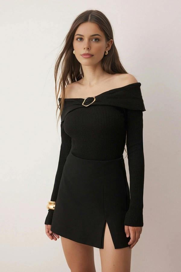 WOVCOR Carmen Collar Thin Knit Sweater with Accessory Detail
