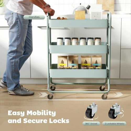 Wyld Haus Nokeyo Metal Light Green 3 Tier Rolling Utility Trolley With Mesh Baskets