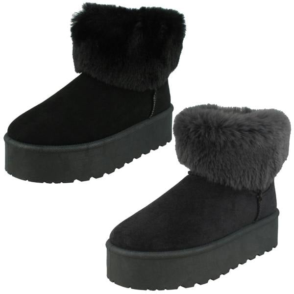 Spot On Ladies Spot On Platform Comfy Ankle Boots with Faux Fur Collar F4463