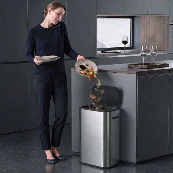 55L Sensor Bin for Kitchen, Touchless Automatic Waste Rubbish Bin, Stainless Steel, Battery Operated, Silver Tone