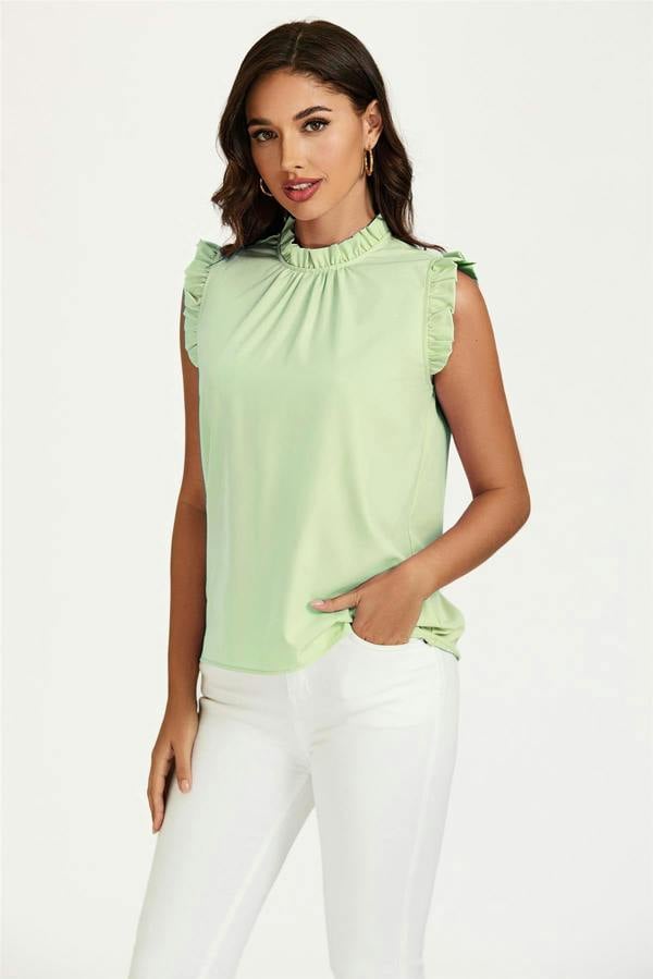 FS Collection Frill Trim Sleeve Frill Neck Blouse Top In Light Green