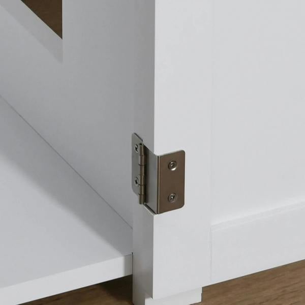 White wooden cat litter box enclosure hinge detail on cabinet door