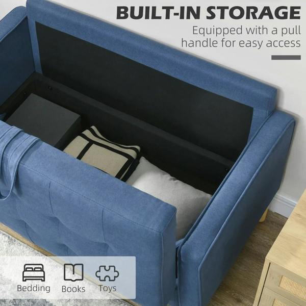 Blue loveseat sofa open storage compartment under seat with pull handle