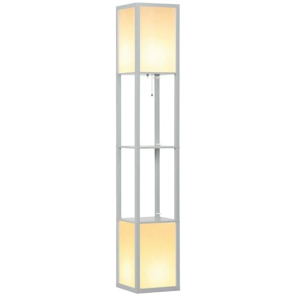 Light grey dual-shade floor lamp with two glowing rectangular panels on vertical column