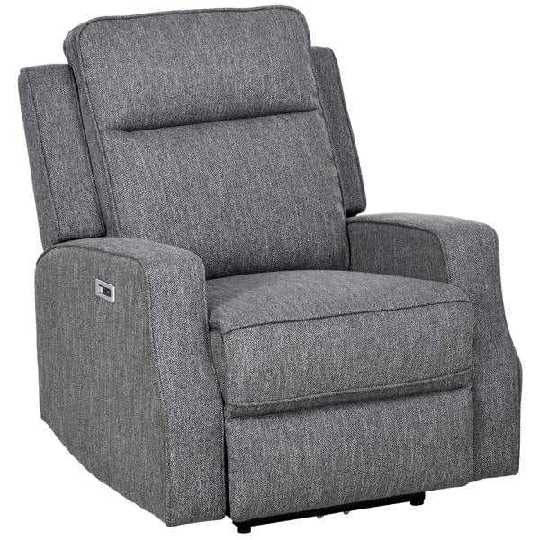 Charcoal grey electric reclining chair with footrest and side USB port, padded arms