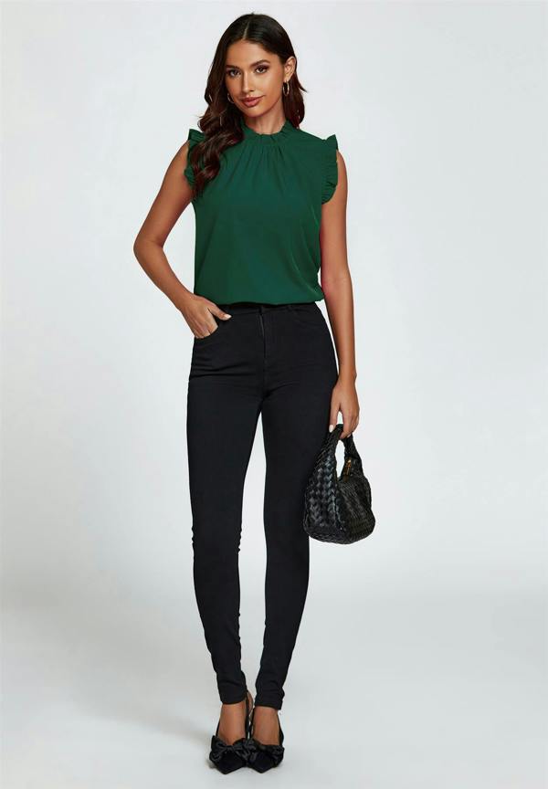 FS Collection Frill Trim Sleeve Frill Neck Blouse Top In Dark Green