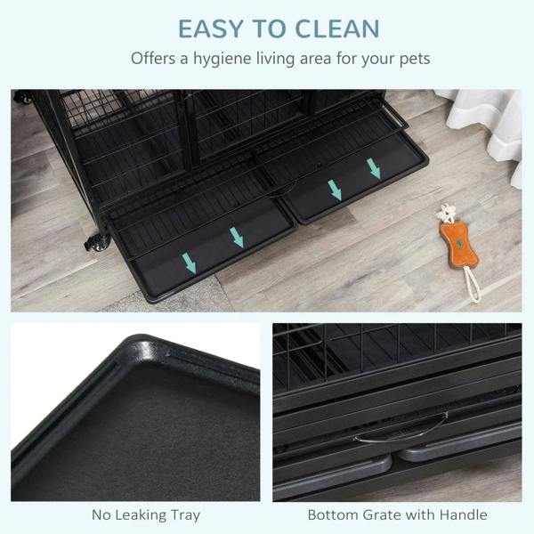Black nonleaking tray with bottom grate and handle for easy cleaning dog crate