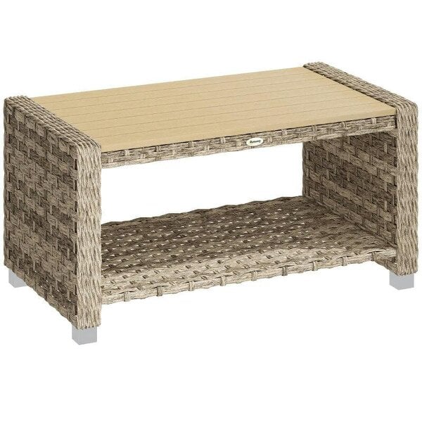 Outdoor Coffee Table with Storage Shelf, PE Rattan Side Table with Slatted Top and Foot Pads, Light Brown