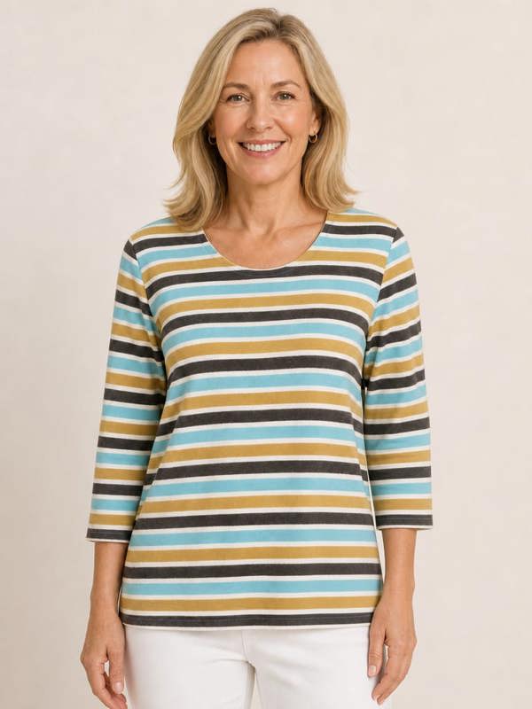 PennyPlain Striped Top - Ivory With Greens