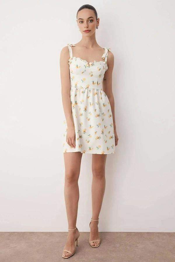 WOVCOR Ruffled Fruit Pattern Mini Woven Dress