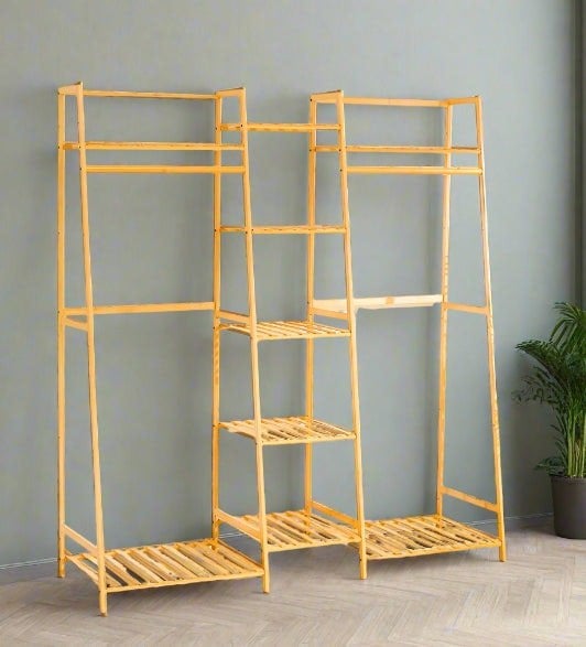Modcraft Heavy Duty Bamboo Clothes Rail Rack with Corner Storage Shelves – Natural