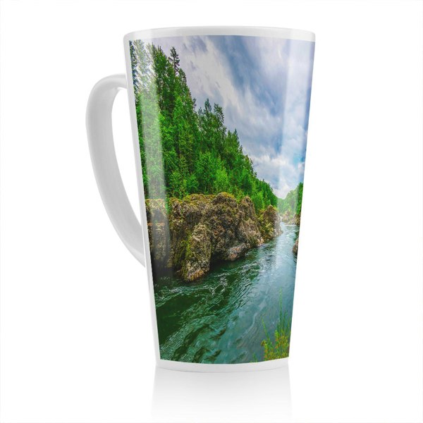 Benjamin Tate Design River in mountain forest landscape Designer Latte Mug